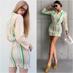 NWT Zara Multicolor Stripe Smocked Valery Long Sleeve Mini Dress XS